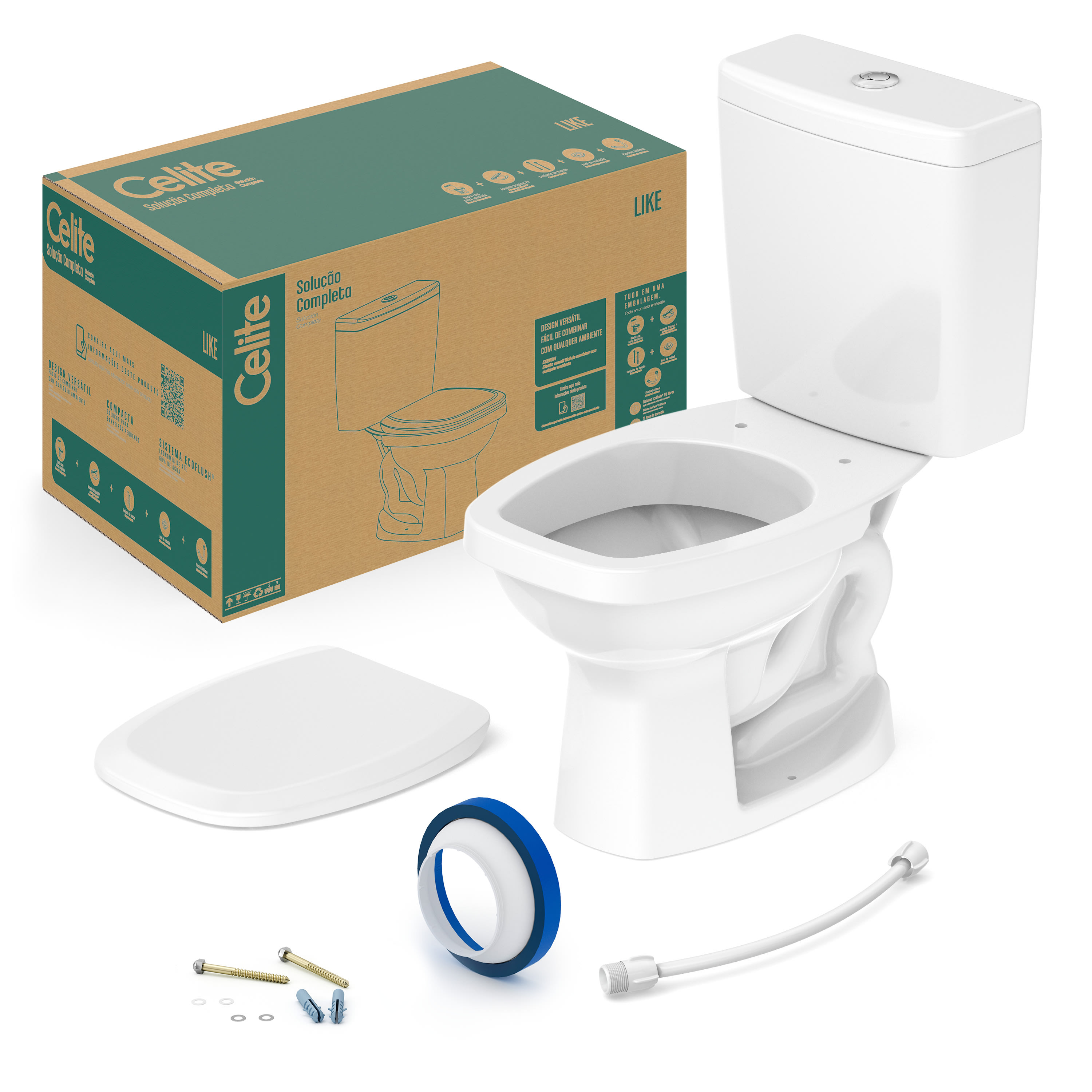 Kits de bacia com caixa, assento e itens de instalação Branco Brilho LIKE CE1647230010300 Celite