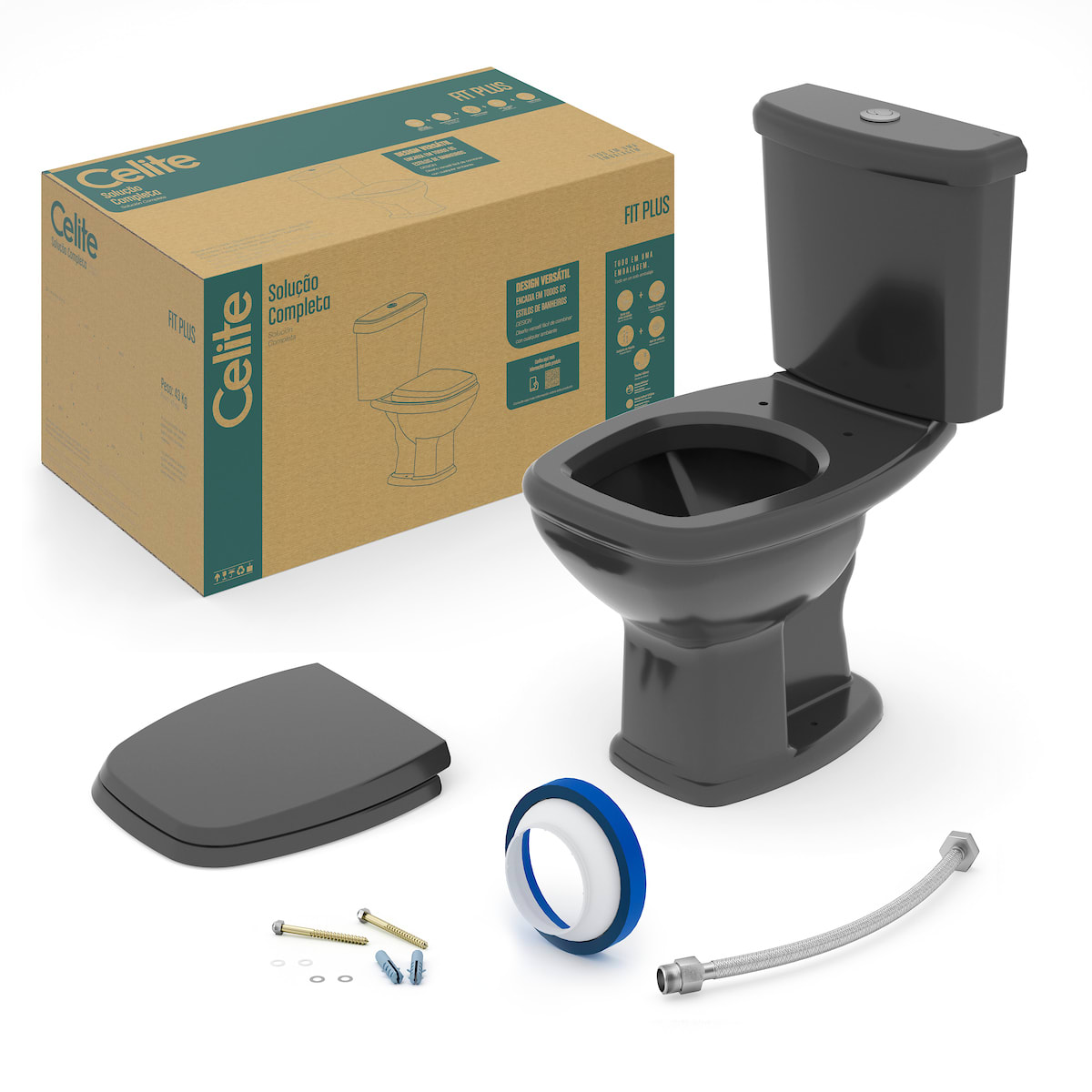 Kits de bacia com caixa, assento e itens de instalação Preto Brilho FIT PLUS CE1667230020300 Celite