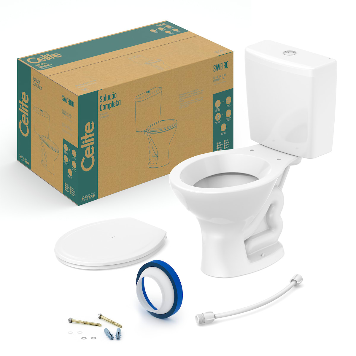 Kit de bacia com caixa, assento e itens de instalação Branco Brilho SAVEIRO CE1027230010300 Celite