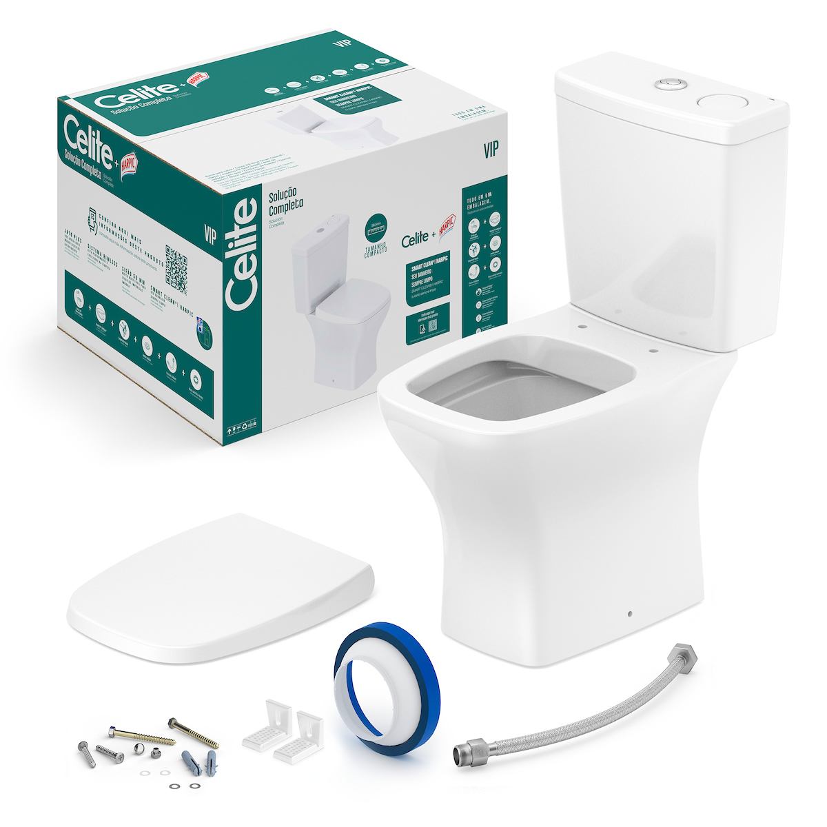 Kit de bacia com caixa, assento e itens de instalação Branco Brilho VIP CE1977230010300 Celite