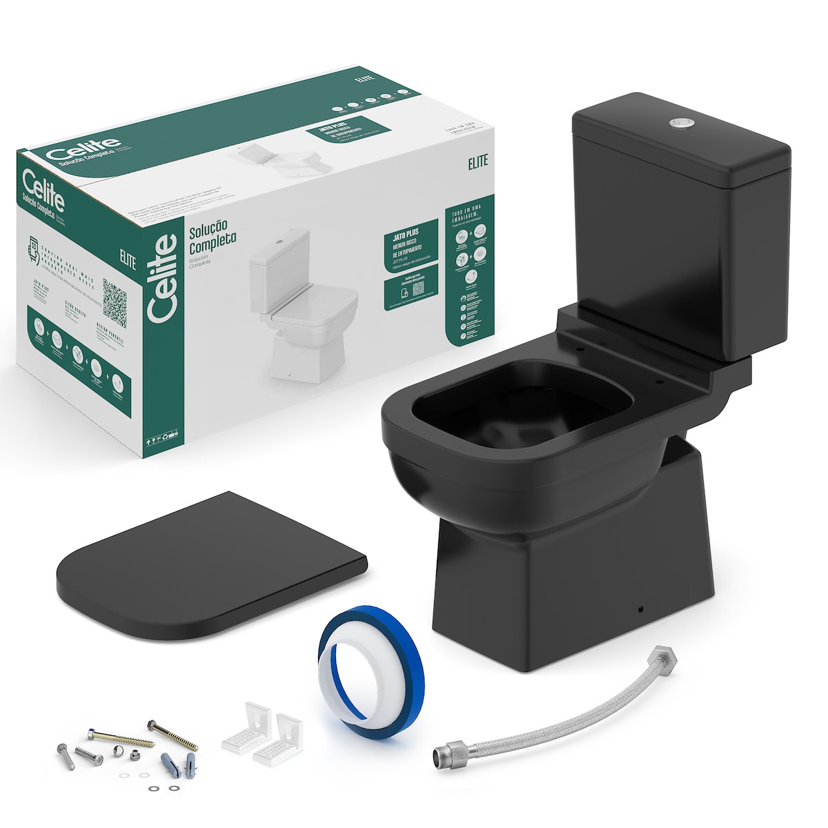 Kit de bacia com caixa, assento e itens de instalação Preto Brilho ELITE CE1747230020300 Celite