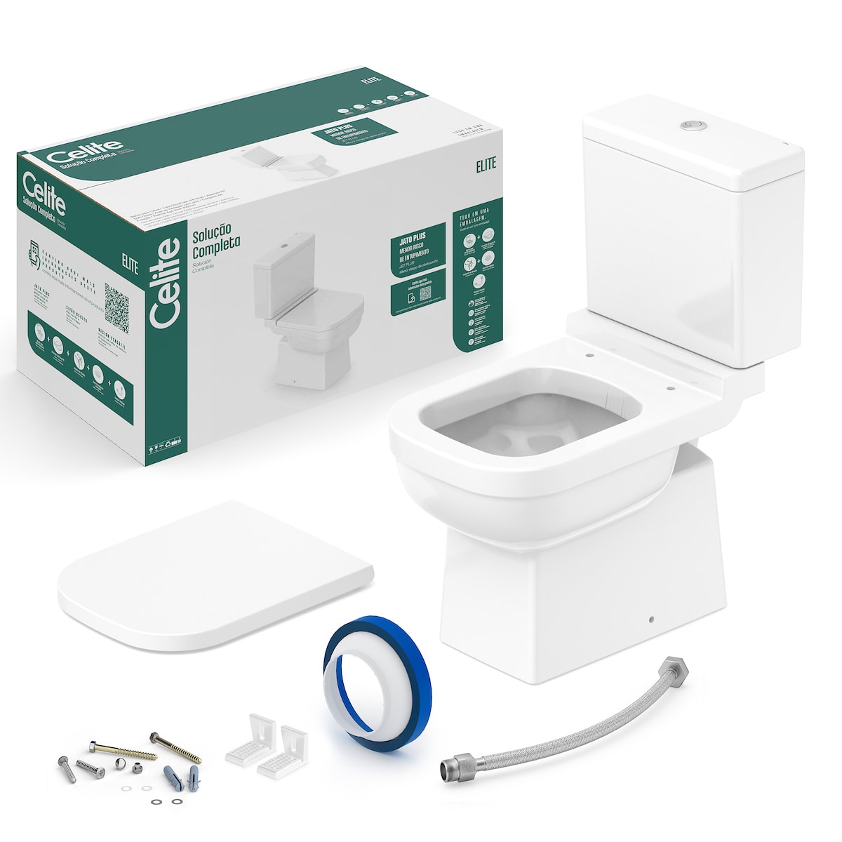 Kit de bacia com caixa, assento e itens de instalação Branco Brilho ELITE CE1747230010300 Celite