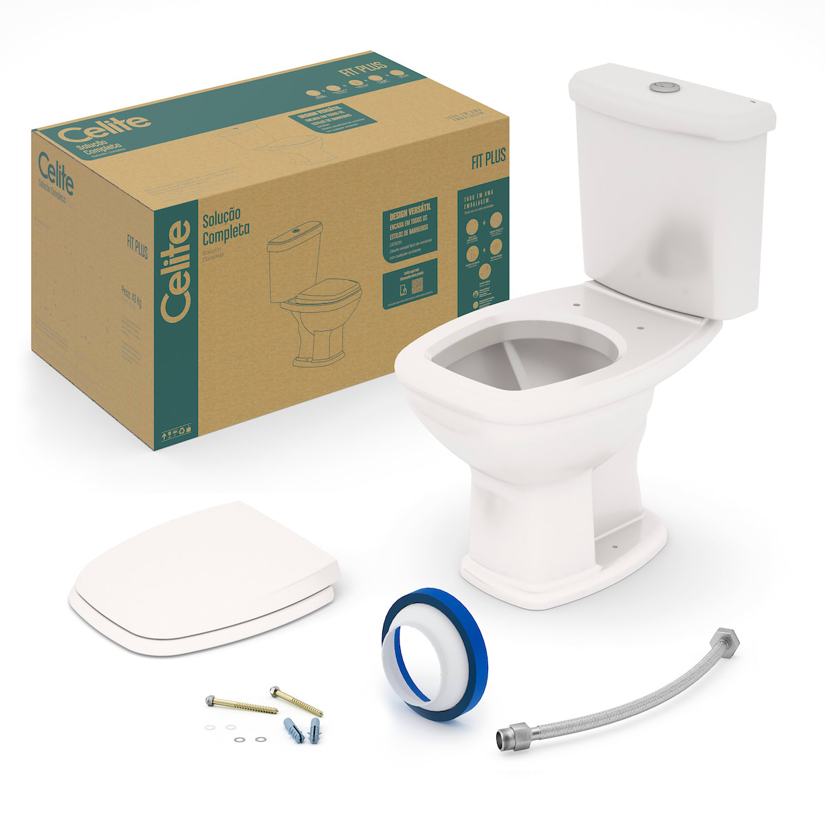 Kits de bacia com caixa, assento e itens de instalação Pergamon Brillo FIT PLUS CE1667230590300 Celite