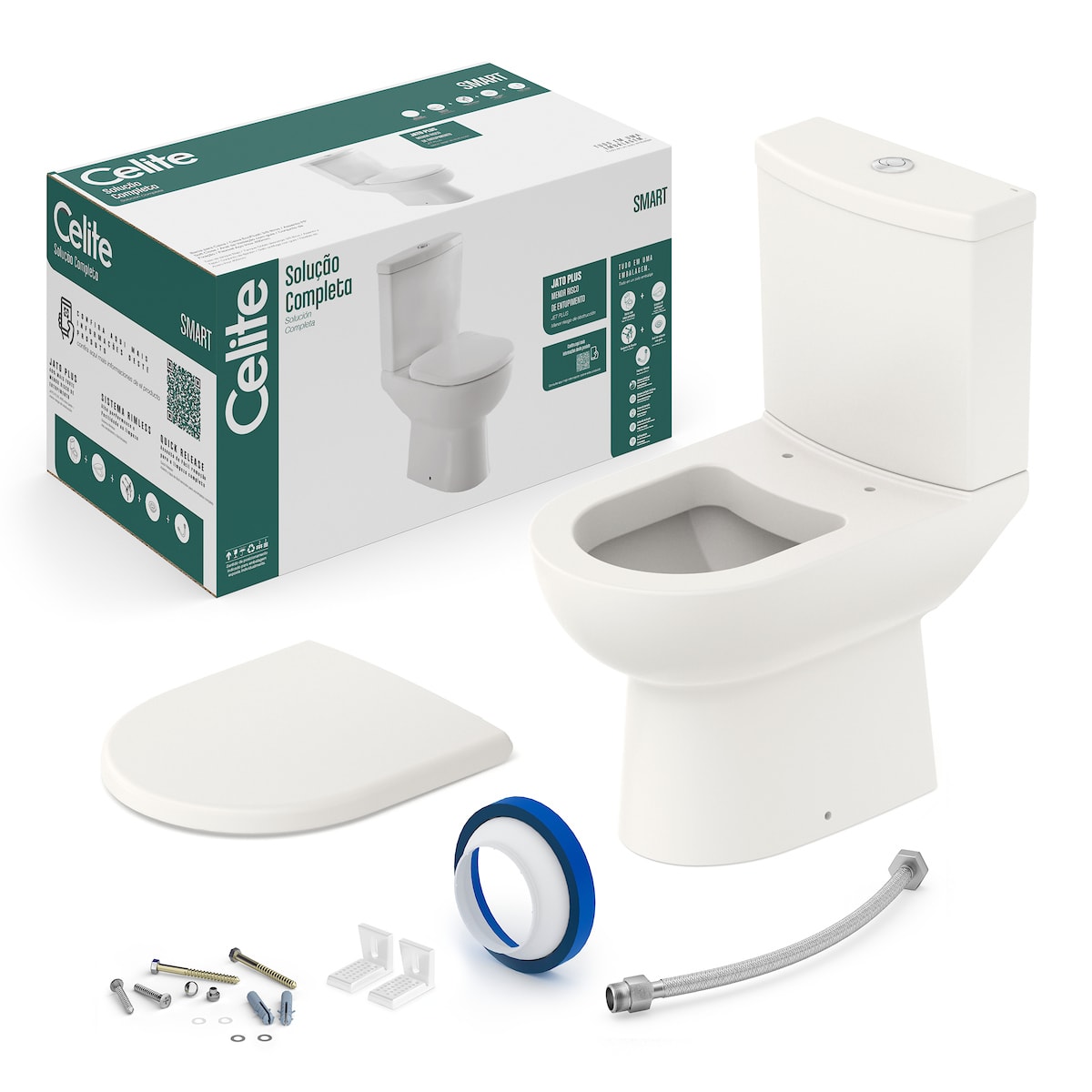 Kit de bacia com caixa, assento e itens de instalação Pergamon Brillo SMART CE1167230590300 Celite